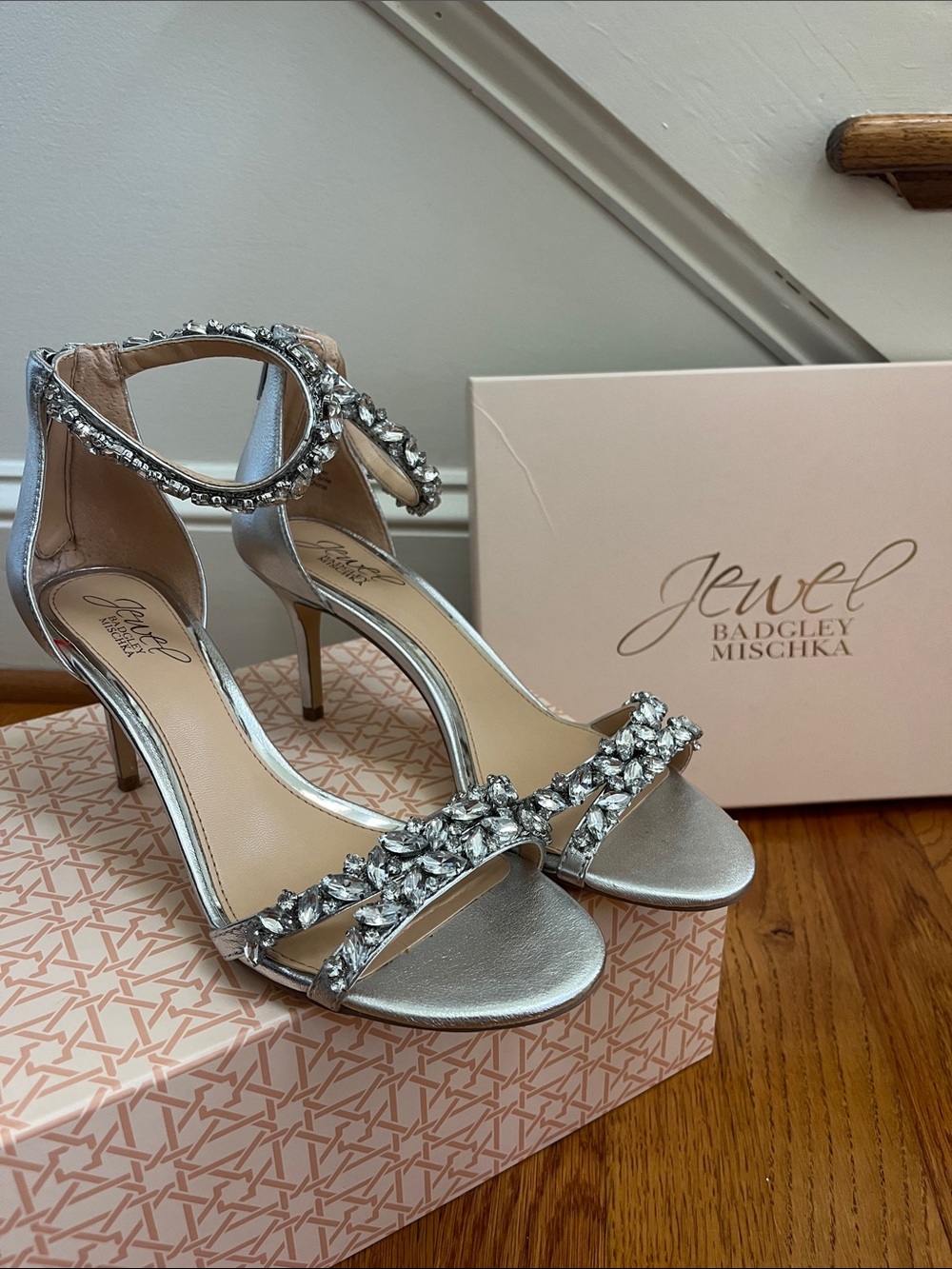 Jewel Badgley Mischka Silver Crystal-Strap Stiletto Sandals